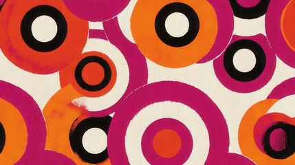 Vibrant circular abstract pattern with bold pink, orange, and black rings
