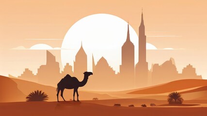 Fototapeta premium camel in the desert near big arabic megapolis content created with generative AI software.