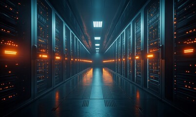 Fototapeta premium Modern Data Technology Center Server Racks Working in Dark Facility. Concept of Internet of Things, Big Data Protection, Cryptocurrency Farm, Cloud Computing. 3D Shot of Information Storage