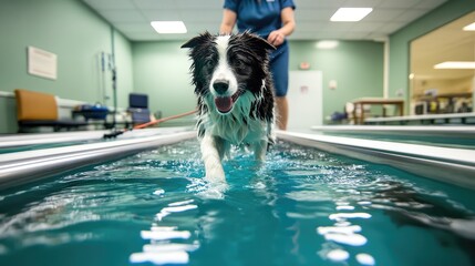 A Border Collie is training on a water treadmill during a veterinary rehabilitation session to improve mobility and build muscle strength