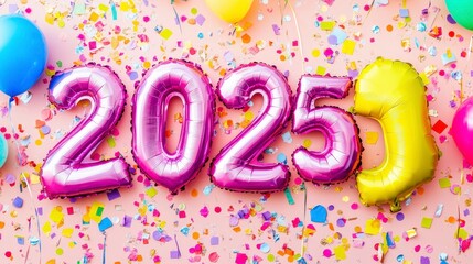 Fototapeta premium Colorful balloons and confetti celebrating the year 2023 with festive cheer