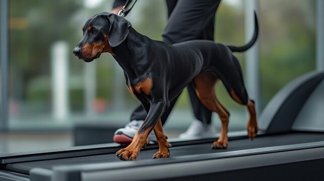 A Doberman is training on a treadmill as part of a veterinary fitness and rehabilitation program to improve endurance and muscle tone