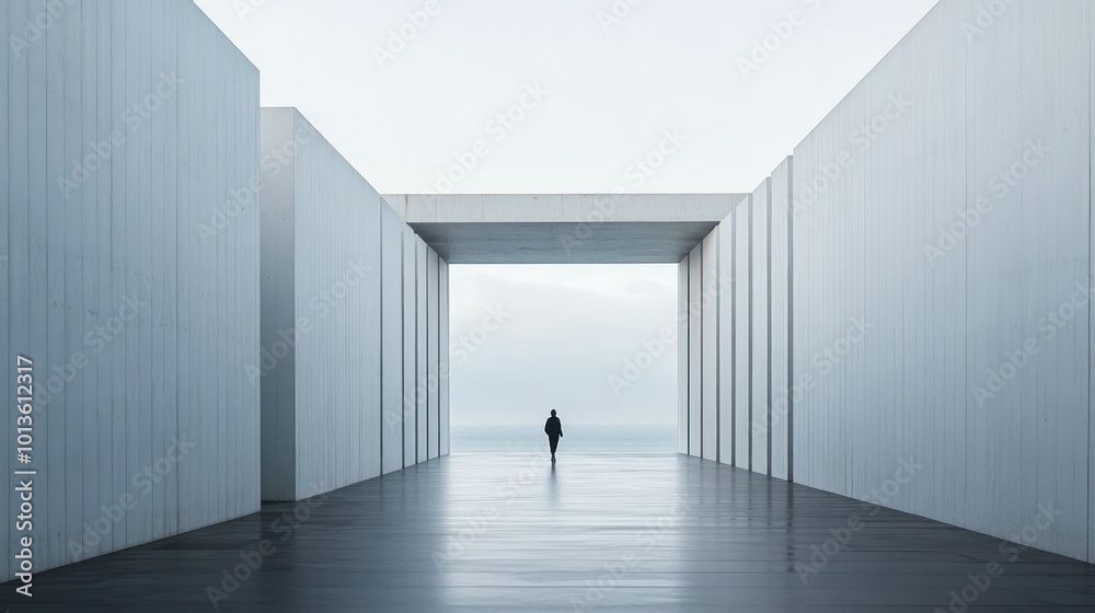 Poster A Solitary Figure Walking Through a Modern Concrete Structure Towards the Sea