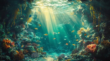 Fototapeta premium Sunlit underwater scene with colorful coral reef and diverse marine life