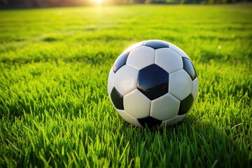 Fototapeta premium Vibrant green grass texture with a freshly kicked soccer ball rests on a well-manicured, lush lawn, showcasing a serene and inviting outdoor scenery.