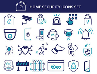Home security icon set editable. Smart home, CCTV, alarm, code, lock and key, surveillance, alert, Vector illustration.
