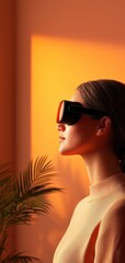 Fototapeta premium Profile of a woman wearing sunglasses, bathed in warm orange light.