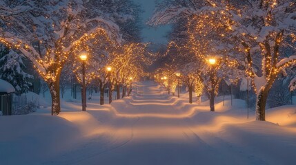 A serene winter street adorned with glowing lights and snow-covered trees, creating a magical ambiance in the crisp evening air.