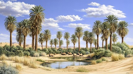 Obraz premium Serene desert oasis with palm trees and camels by a waterhole