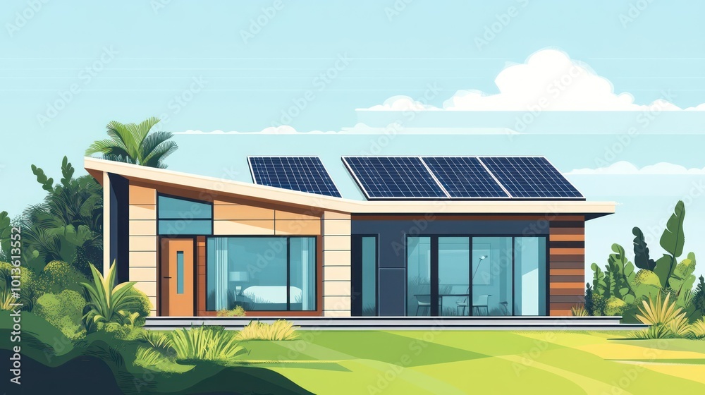 Sticker Modern House with Solar Panels and Lush Greenery