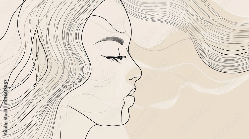 Poster a flowing abstract representation features the outline of a female face, capturing a tranquil expres