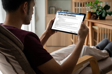 Naklejka premium Digital legal contract provide terms and conditions document on computer screen ready for online digital signature for deal agreement of future business snugly