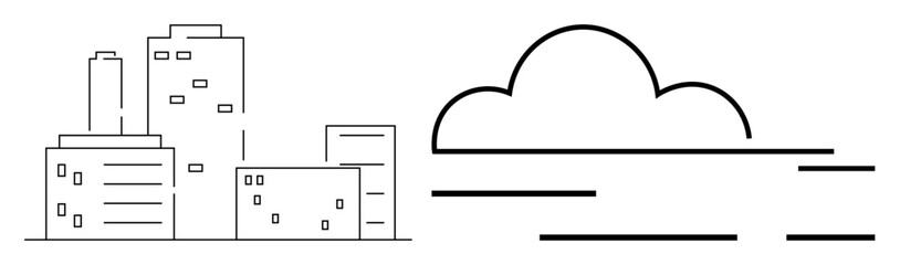 Minimalist cityscape features several buildings of varying heights with a cloud and lines suggesting wind or movement. Ideal for urban themes, real estate, architecture, simplicity concepts, weather