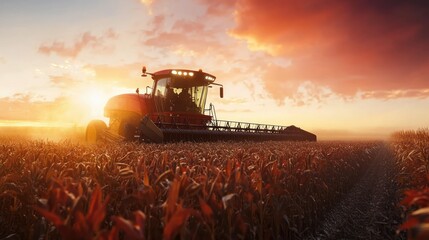 Fototapeta premium Red Combine Harvester Working in a Cornfield at Sunset