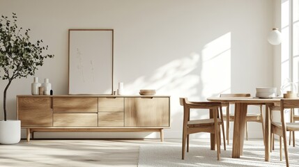 Fototapeta premium A modern, minimalist dining area featuring wooden furniture and natural light.