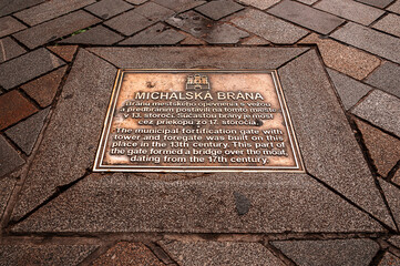 a metal plaque indicates the exact place where a fortification was once erected in Bratislava