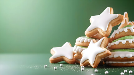 Delicious star shaped cookies decorated with white icing and green accents, stacked on green background, evoke festive and cheerful atmosphere