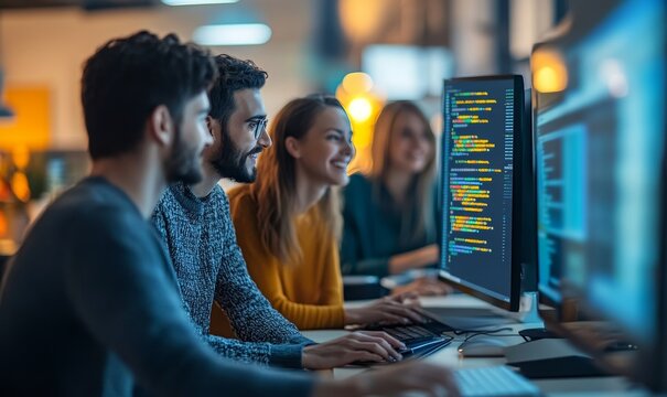 Diverse Group of Energetic Professionals Team Meeting in Modern Office: Brainstorming IT Programmers Use Computer, Talk Strategy, Discuss Analysis. Innovative Software Engineers Develop App