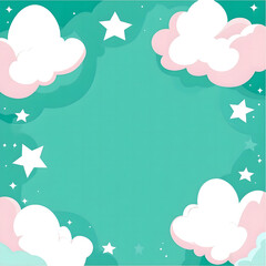 Pink background design with teal and white stars, clouds, banner template design, vector illustration design, flat design, cute style, simple shapes