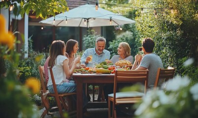 Parents, Children, Relatives and Friends Having an Open Air Vegetarian Dinner in Their Backyard. Old and Young People Talk, Chat, Have Fun, Eat and Drink. Garden Party Celebration in a