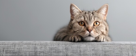 Adorable Tabby Cat Laying on a Couch Displaying Affection and Curiosity