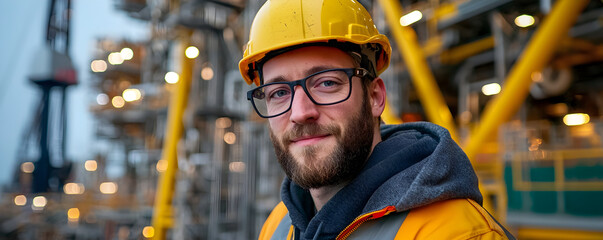 confident worker in yellow hard hat and glasses smiles at camera, showcasing blend of professionalism and approachability in industrial setting
