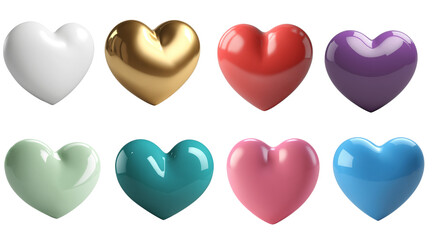 A PNG set of elegant white heart, red heart, golden heart, purple heart, green teal heart, pink heart, blue heart graphic design templets