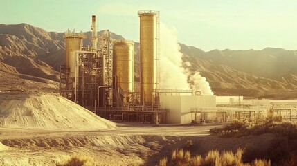 Industrial facility in desert landscape with mountains and bright sun