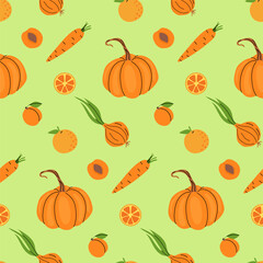 Colorful pattern of pumpkins, carrots, and oranges on a light green background in autumn theme