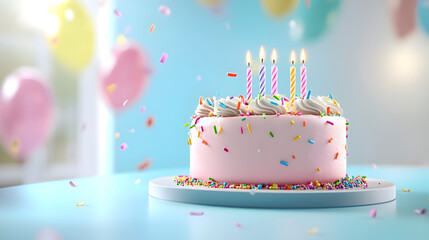 colorful birthday cake with pink frosting, topped with candles and sprinkles, is centerpiece of festive celebration. cheerful atmosphere is enhanced by balloons in background