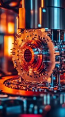 Quantum computing core, vibrant red hue, located in a cutting-edge quantum cryptography laboratory, showcasing advanced technology and innovation