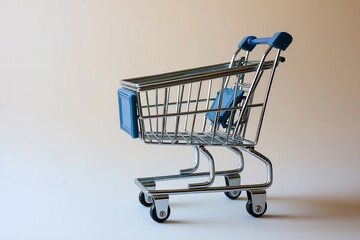 A small metal shopping cart with blue handles stands on a plain background ready for groceries