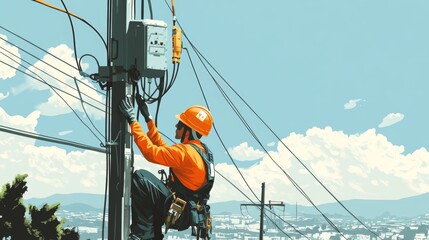 Electrician conducting high voltage pole repairs with safety gear amidst a scenic landscape