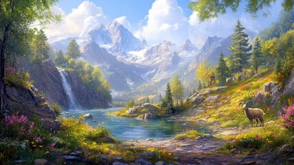 Obraz premium Serene mountain landscape with waterfall and sheep in a sunny valley
