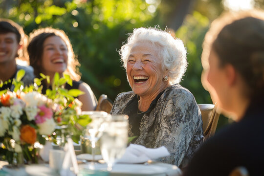 Elderly friends laughing at an outdoor dinner table, with white hair and gray attire. - Powered by Adobe