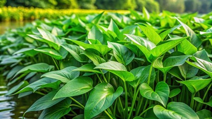 Vibrant water spinach plants thrive among lush green leaves, showcasing their fresh and healthy appearance with striking contrast to the surrounding foliage.