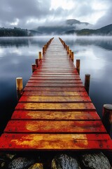 Obraz premium A serene wooden pier stretches into a misty lake surrounded by mountains early in the morning