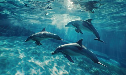 Playful dolphins swimming in clear blue waters, 4K hyperrealistic photo.