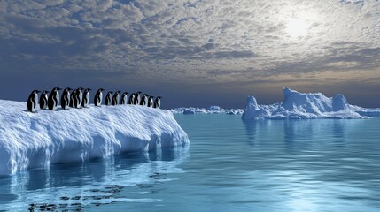 Penguins standing on ice with a scenic ocean and sky view