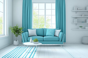 Minimalist interior design of a modern living room with a sofa, armchair, and coffee table in a white, teal, blue, and grey color scheme