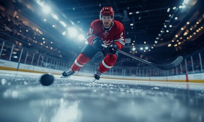 Ice Hockey Rink Arena: Professional Player Shooting the Puck with Hockey Stick. Focus on 3D Flying Puck with Blur Motion Effect. Dramatic Wide Shot, Cinematic