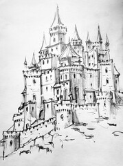 Obraz premium A sketch of a medieval European city and a royal castle made from life in black and white. Architectural monument, cultural and historical value.