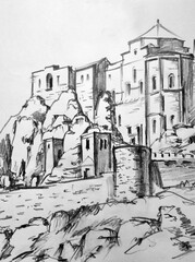 A sketch of a medieval European city and a royal castle made from life in black and white. Architectural monument, cultural and historical value.