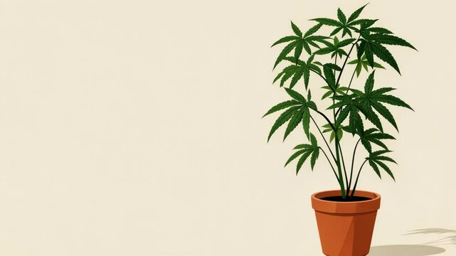 A potted marijuana plant with lush green leaves stands against a light beige background