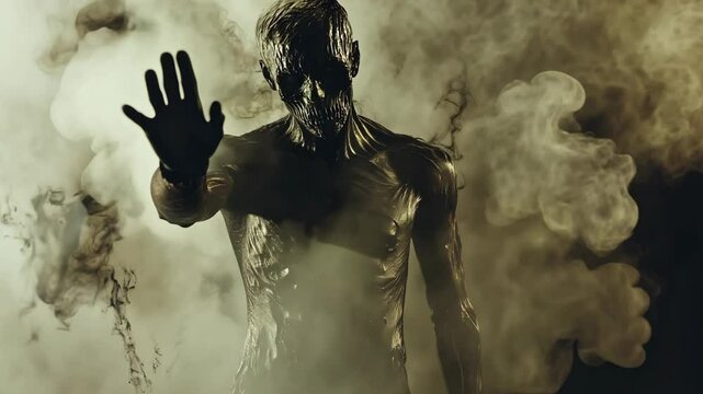 A skeletal figure stands amidst swirling smoke, its hand raised in a gesture of warning