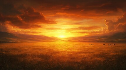 Obraz premium Breathtaking sunset over golden field with distant mountains and grazing horses
