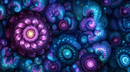 Mesmerizing fractal patterns in vibrant purple and blue hues with spiral forms