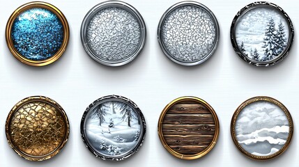 Textured circular frames featuring winter themed designs, including snowy landscapes and icy patterns. These unique UI game frames add creative touch to any project