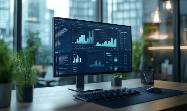 Desktop Computer Monitor with Finance Statistical Data Software and Progressive User Interface Standing on the Desk in the Modern Business Office. In the Background Glass Wall with Big City