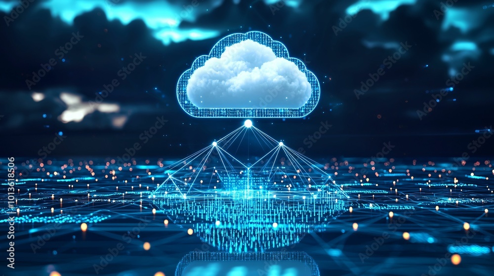 Poster image depicts cloud and edge computing with digital cloud connected to network of data points, symbo